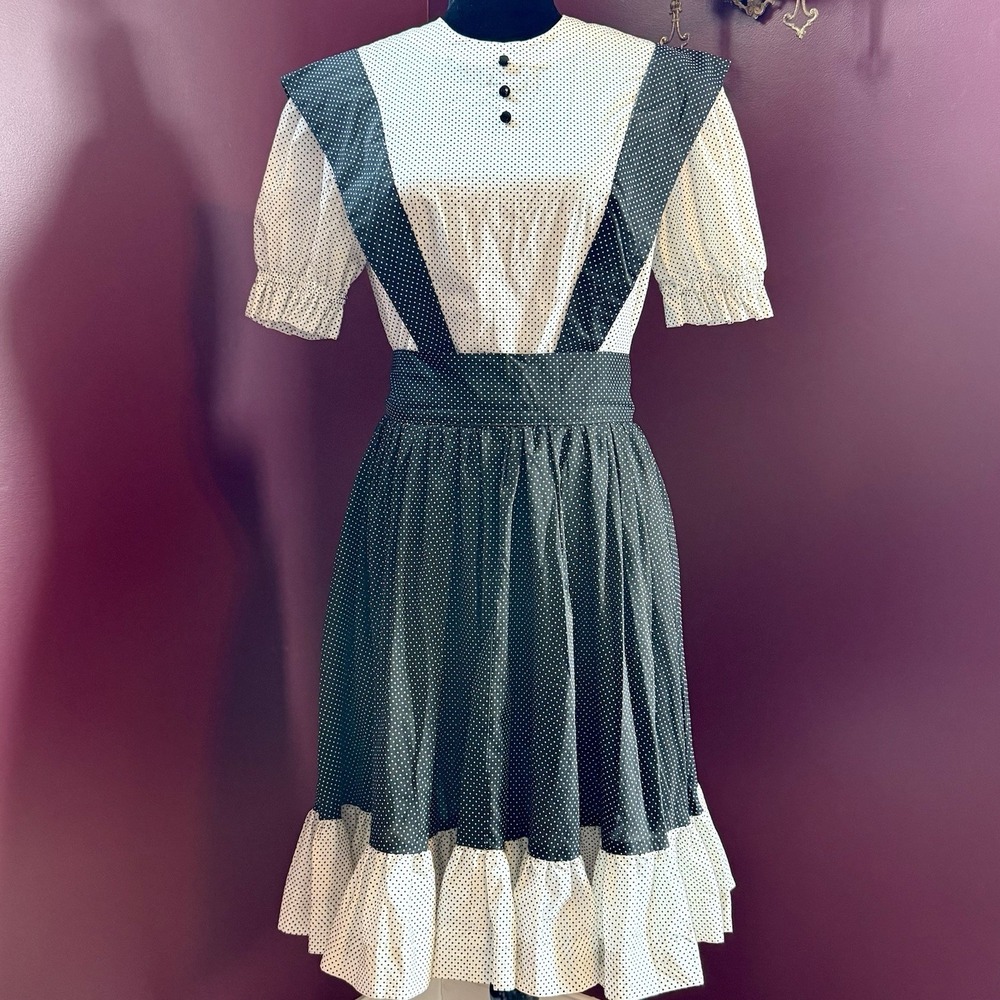 VTG 50s Handmade Black White Polka Dot Bow Prairie Country Square Dancing Dress